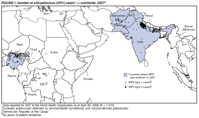 FIGURE 1. Number of wild poliovirus (WPV) cases* — worldwide, 2007†