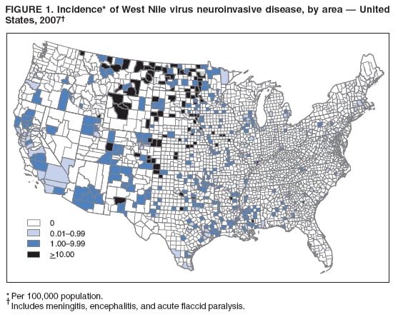 FIGURE 1. Incidence* of West Nile virus neuroinvasive disease, by area — United
States, 2007†