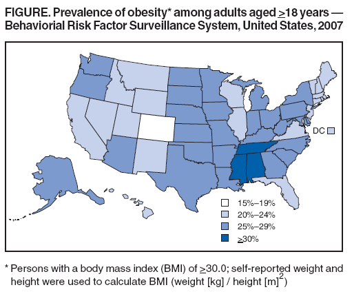 FIGURE. Prevalence of obesity* among adults aged >18 years —
Behaviorial Risk Factor Surveillance System, United States, 2007