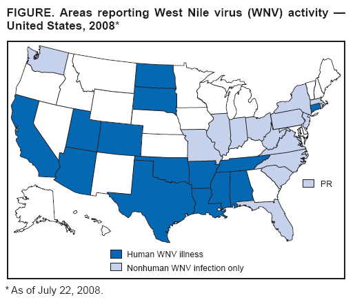 FIGURE. Areas reporting West Nile virus (WNV) activity — United States, 2008*