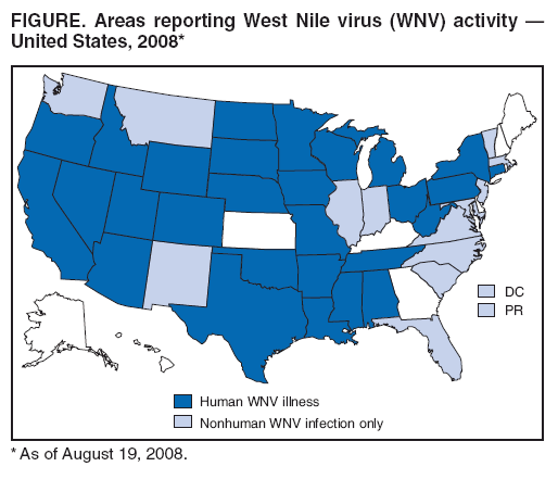 FIGURE. Areas reporting West Nile virus (WNV) activity 
United States, 2008*