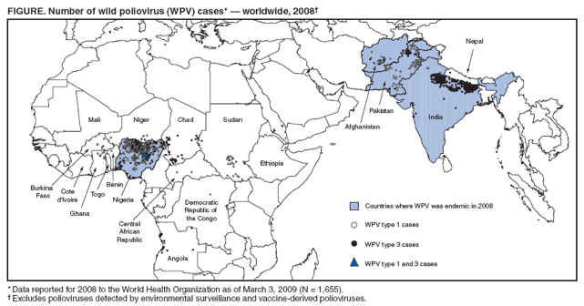 FIGURE. Number of wild poliovirus (WPV) cases* — worldwide, 2008†