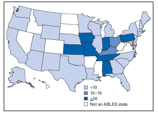 Annual state prevalence rate* categories for state resident adults† with elevated blood lead levels (≥25 µg/dL) - Adult Blood Lead Epidemiology and Surveillance (ABLES) program, United States, 2007