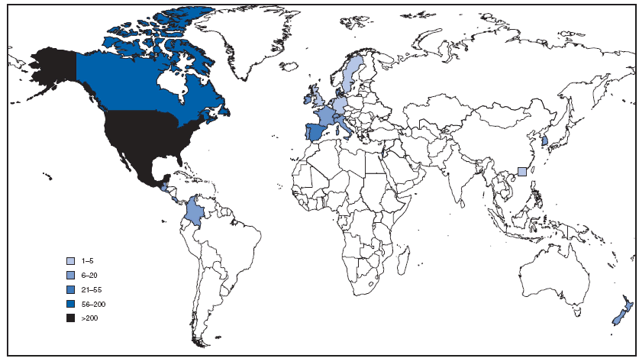 The figure is a map of the world showing the 1,882 confirmed cases of novel influenza A (H1N1) virus infection in the United States, by country, as of May 6, 2009.