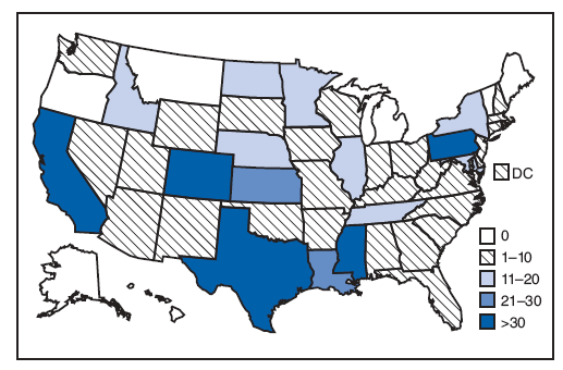 The figure is a map of the United States showing the 518 persons testing positive for West Nile virus immunoglobulin M antibodies, using one lot from a commercially available test kit that was later recalled, by state, from July through September 2008. The number of persons per state ranged from zero to more than 30.