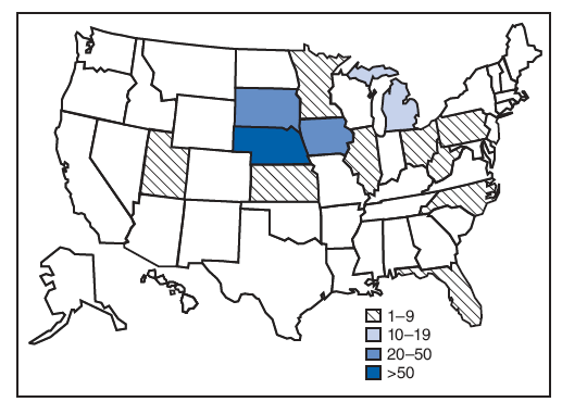 The figure shows the number of infections (N = 228*) with the outbreak strain of Salmonella Saintpaul, associated with eating alfalfa sprouts, by state. Since February 1, a total of 228 cases have been reported from 13 states: Nebraska (110 cases), Iowa (35), South Dakota (35), Michigan (18), Kansas (eight), Pennsylvania (seven), Minnesota (five), Ohio (three), Illinois (two), West Virginia (two), Florida (one), North Carolina (one), and Utah (one).