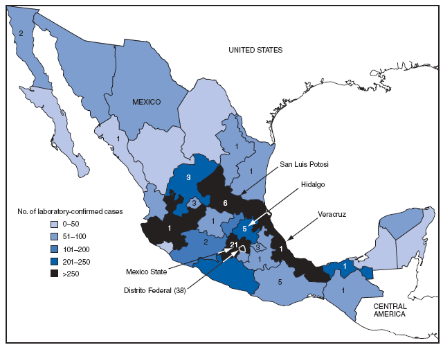 The figure shows the number of laboratory-confirmed cases of novel influenza A (H1N1) virus infection (N = 5,337) and deaths (N = 97) by state and Distrito Federal in Mexico from March through May 2009. As of May 29, Distrito Federal (Mexico City) had the highest number of laboratory-confirmed novel influenza A (H1N1) cases (1,804) and deaths (38); Mexico State reported 21 deaths.
