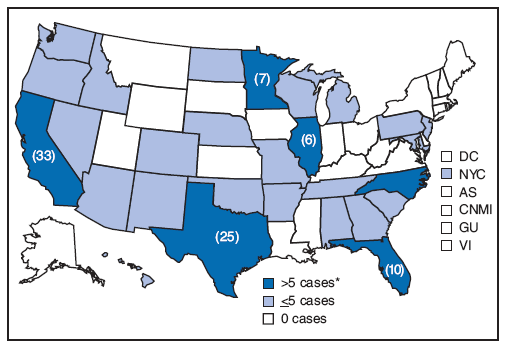 The figure is a U.S. map showing reported cases of brucellosis in the United States in 2007 by state. A total of 131 cases were reported, with the highest numbers of reported cases were California (33), Texas (25), and Florida (10).