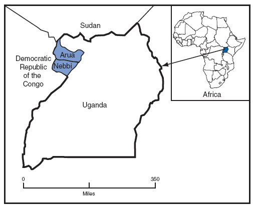 The figure is a map showing the location of Arua and Nebbi districts in northwestern Uganda. 