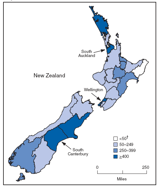 The figure shows consultation rates per 100,000 patient population for influenza-like illness (ILI), by health district, from the sentinel general practitioner surveillance system for New Zealand from July 6-12, 2009. During July 6-12, a week of high influenza activity, multiple health districts reported >400 ILI consultations per 100,000 patient population, which is indicative of epidemic activity. Among those health districts with epidemic activity, South Auckland had the highest consultation rate (1,308 per 100,000), followed by Wellington (709), and South Canterbury (505).