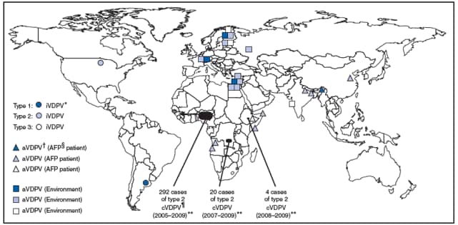 The figure shows vaccine-derived polioviruses (VDPVs) detected worldwide, January 2008-June 2009. Retrospective and ongoing characterization of Sabin 2-related isolates by rRT-PCR found 20 acute flaccid paralysis cases associated with cVDPV2 (1.1%-2.0% divergent) during 2005-2009.