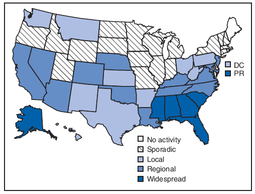 The figure is a U.S. map showing the estimated influenza activity level for each state during the surveillance week ending August 29, 2009. The map indicates widespread activity in the southeastern United States and generally sporadic activity in northern states.