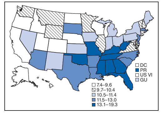 The figure shows the age-adjusted percentage of adults who reported 30 days of insufficient rest or sleep during the preceding 30 days in the United States in 2008. The lowest age-standardized prevalences of 30 days of insufficient rest or sleep in the preceding 30 days were observed in North Dakota (7.4%), California (8.0%), District of Columbia (8.5%), Wisconsin (8.6%), and Oregon (8.8%); the highest were observed in Puerto Rico (14.0%), Oklahoma (14.3%), Kentucky (14.4%), Tennessee (14.8%), and West Virginia (19.3%).