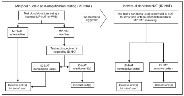 The figure shows strategies used by blood screening laboratories to screen donated blood for West Nile virus (WNV) in Louisiana in 2008. Laboratories use nucleic acid-amplification testing to detect WNV antibodies in blood samples. Several samples may be pooled and tested as one to save time and money. The figure shows the decision trees laboratories typically follow for testing pooled samples and deciding when to test individual samples.