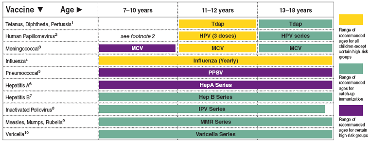 Recommended immunization schedule for persons aged 7 through 18 years --- United States, 2010 (for those who fall behind or start late, see the schedule below and the catch-up schedule [Table])