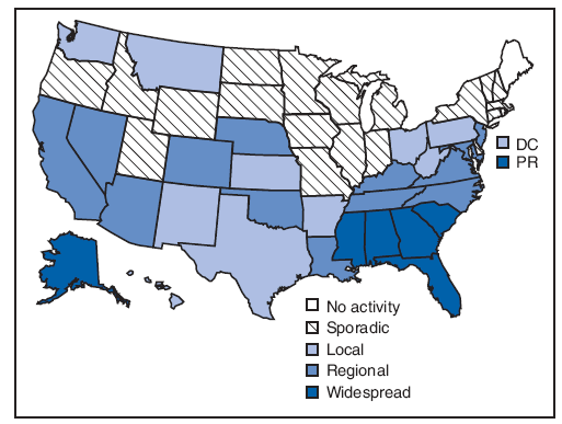 The figure is a U.S. map showing the estimated influenza activity level for each state during the surveillance week ending August 29, 2009. The map indicates widespread activity in the southeastern United States and generally sporadic activity in northern states.
