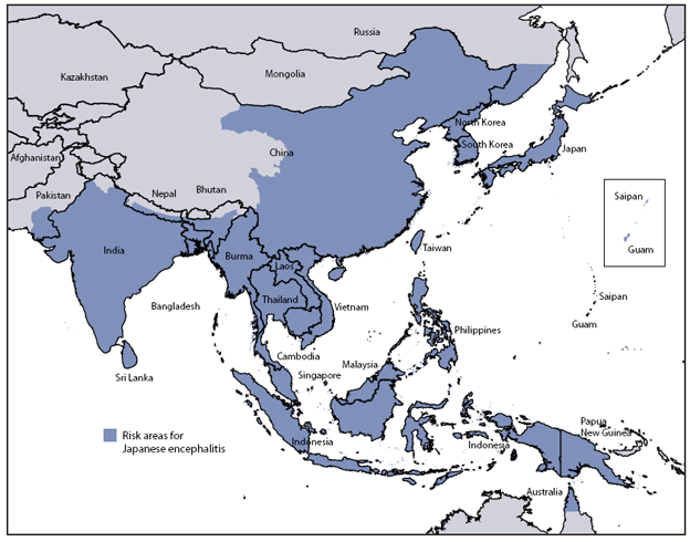 The figure shows a map of the countries of a large portion of Asia and the western Pacific region in which Japanese encephalitis is prevalent.