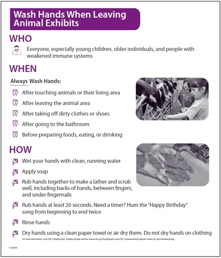 The figure is a poster to be exhibited at animal petting zoos that instructs visitors on when and how to wash hands after coming in contact with animals.