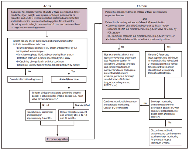 This figure shows a flow chart describing the management of acute Q fever and chronic Q fever.