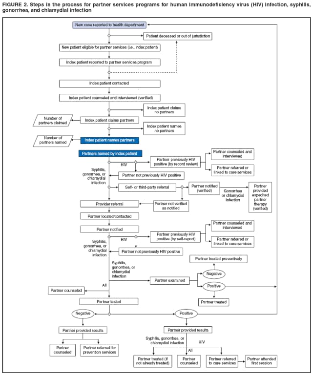 FIGURE 2. Steps in the process for partner services programs for human immunodeficiency virus (HIV) infection, syphilis, gonorrhea, and chlamydial infection