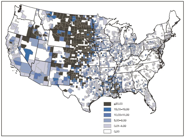 Figure 6 is a U.S. map showing the average annual incidence (per 100,000 population, calculated using U.S. Census Bureau population estimates for July 1, 2004) of West Nile virus neuroinvasive disease cases, by county of residence, during 1999–2008. Counties with the highest average annual incidences are clustered in West North Central and Mountain states.