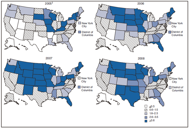 The figure shows maps of the United States for four years indicating incidence of reported cases of cryptosporidiosis per 100,000 population. Incidence was generally highest in the northern states.
