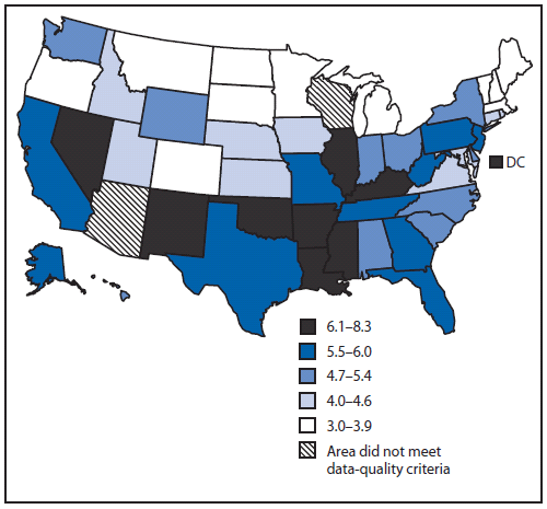The figure shows state data from CDC’s National Program of Cancer Registries (NPCR) and the National Cancer Surveillance, Epidemiology, and End Results (SEER) program regarding the rate of late-stage invasive cervical cancer among U.S. women aged ≥20 years during 2004–2006.
