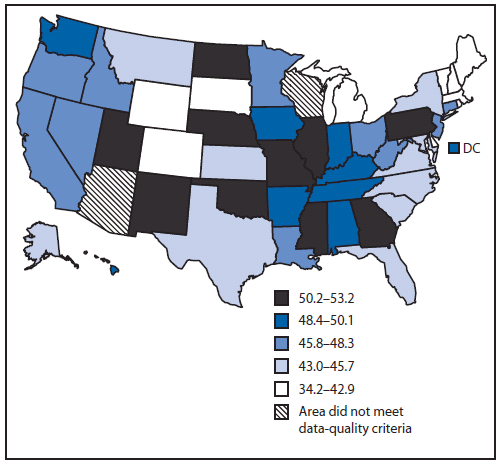The figure shows state data from CDC’s National Program of Cancer Registries (NPCR) and the National Cancer Surveillance, Epidemiology, and End Results (SEER) program regarding the percentage of cervical cancers diagnosed at late stage U.S. among women aged ≥20 years during 2004–2006.