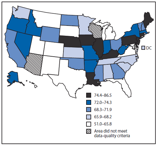 The figure shows state data from CDC’s National Program of Cancer Registries (NPCR) and the National Cancer Surveillance, Epidemiology, and End Results (SEER) program regarding the percentage of colorectal cancers diagnosed at late stage among U.S.women aged ≥50 years during 2004–2006.