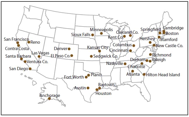 The figure above shows a map of the United States indicating the cities in which emergency medical services agencies participate in the Cardiac Arrest Registry to Enhance Survival. These cities are located in 20 states: Alaska, California, Colorado, Connecticut, Delaware, Georgia, Kansas, Massachusetts, Michigan, Minnesota, Missouri, Nevada, North Carolina, Ohio, Pennsylvania, South Carolina, South Dakota, Tennessee, Texas, and Virginia.