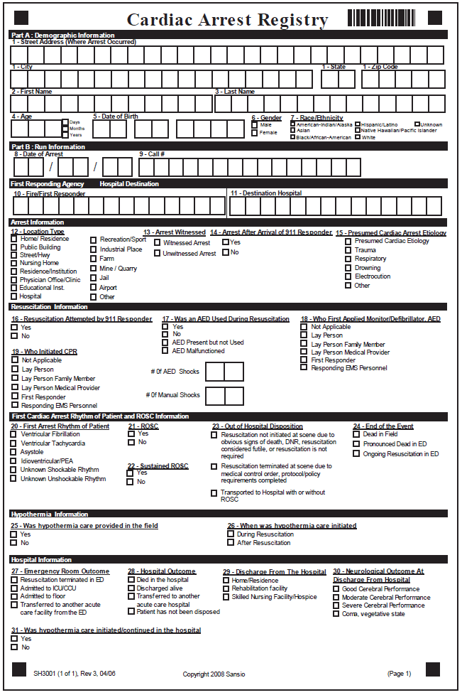 The figure above shows a data entry form used to collect information on out-of-hospital cardiac arrests for the Cardiac Arrest Registry to Enhance Survival.