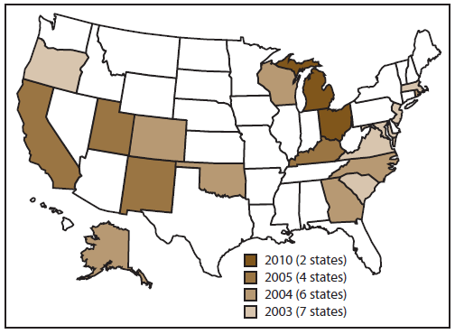 This figure is a U.S. map highlighting the 16 states that participate in the National Violent Death Reporting System and the year each began collecting data.