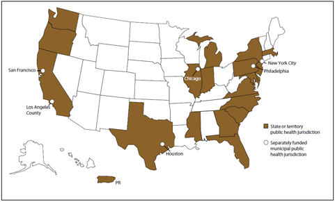 This figure is a map of the United States showing the 26 project areas that were funded to conduct data collection activities for the 2007 Medical Monitoring Project data collection cycle: California; Chicago, Illinois; Delaware; Florida; Georgia; Houston, Texas; Illinois; Indiana; Los Angeles County, California; Maryland; Massachusetts; Michigan; Mississippi; New Jersey; the state of New York; New York City, New York; North Carolina; Oregon; Pennsylvania; Philadelphia, Pennsylvania; Puerto Rico; San Francisco, California; South Carolina; Texas; Virginia; and Washington. 