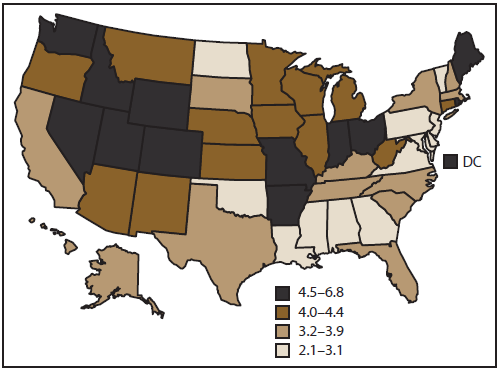 The figure shows a map of the United States indicating the average annual prevalence of suicidal thoughts among adults aged ≥18 years for 2008-2009, by state. The estimated prevalence of suicidal thoughts ranged from 2.1% in Georgia to 6.8% in Utah (U.S. average: 3.7%).