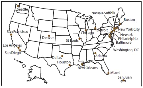 This figure is a map of the United States and Puerto Rico showing the following principal cities of each metropolitan statistical area participating in the 2008 National HIV Behavioral Surveillance System: Men Who Have Sex With Men: Atlanta, Georgia; Baltimore, Maryland; Boston, Massachusetts; Chicago, Illinois; Dallas, Texas; Denver, Colorado; Detroit, Michigan; Houston, Texas; Los Angeles, California; Miami, Florida; Nassau-Suffolk, New York; New Orleans, Louisiana; New York, New York; Newark, New Jersey; Philadelphia, Pennsylvania; St. Louis, Missouri; San Diego, California; San Francisco, California; San Juan, Puerto Rico; Seattle, Washington; and Washington, DC.