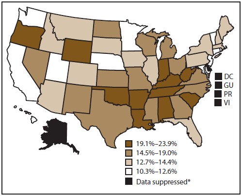 This figure is a U.S. map showing the prevalence of current cigarette smoking among cancer survivors aged =18 years. Approximately 15.1% of cancer survivors aged =18 years in the 50 states and DC were current cigarette smokers. Smoking prevalence among cancer survivors was highest in Oklahoma (23.9%) and lowest in California (10.3%). Regional differences also were observed, with the highest prevalence in the South (17.2%), followed by the Midwest (15.8%), Northeast (15.1%), and West (13.0%). Data are not shown for the District of Columbia, Guam, Puerto Rico, or the US Virgin Islands; these data were suppressed because the sample size of the numerator was <50 or the half-width of the confidence interval was >10.
