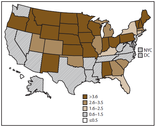 This figure is a U.S. map that shows the number and rate (per 100,000 population) of cryptosporidiosis reported in each state, by reporting jurisdiction, for 2010, as reported to the National Notifiable Diseases Surveillance System, United States. By region, the rate of reported cryptosporidiosis cases per 100,000 population ranged from 1.5 in the Southwest to 4.3 in the Midwest in 2009 and 1.4 in the Southwest to 6.4 in the Midwest in 2010.