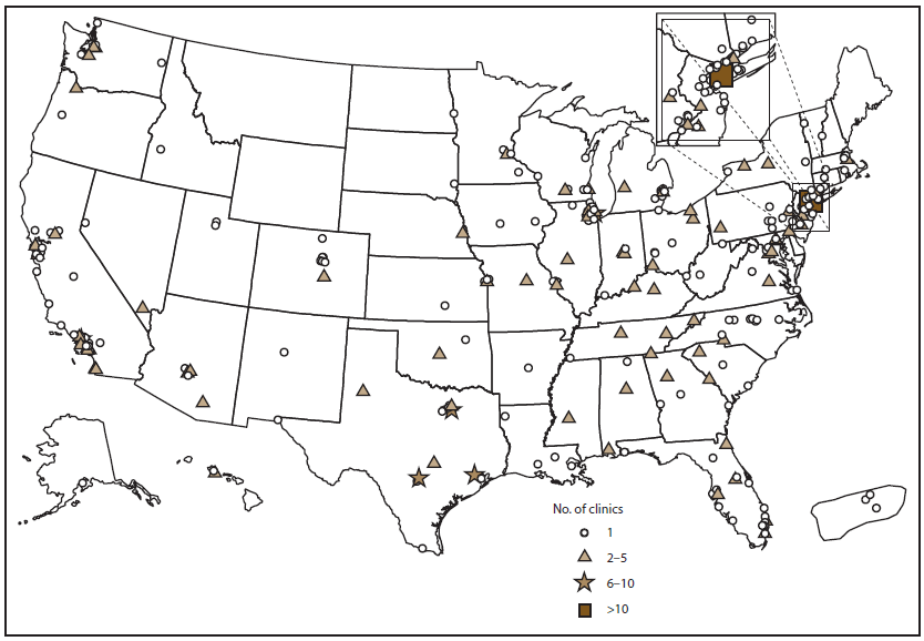 This figure shows a map of the United States indicating the locations of clinics providing assisted reproductive technology (ART) in the United States in 2009. In 2009, there were 484 ART clinics in the United States, of which 441 submitted data. A total of 146,244 ART cycles were reported in 2009. This does not include 12 cycles in which a new treatment procedure was being evaluated. The number of live-birth deliveries resulting from ART cycles started in 2009 was 45,870; the number of infants born as a result of ART cycles performed in 2009 was 60,190