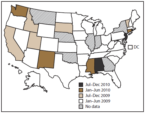 This figure is a U.S. map that displays the date that an acute gastroenteritis outbreak was first reported in each state for which it applies, from January 2009 to December 2010. 