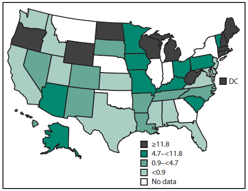 The figure presents a map of the United States that shows the rate of outbreaks of acute gastroenteritis transmitted by person-to-person contact in each state during 2009-2010.