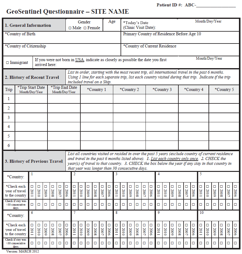 This figure  shows the first page of the two-page GeoSentinel questionnaire. It captures general information (e.g., age, sex, country of birth, country of residence, and immigrant status) about the ill traveler as well as recent and past travel history.