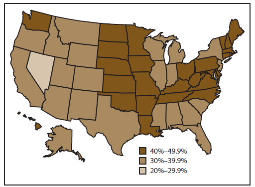 Figure 6 is a map showing Influenza vaccination coverage among adults aged ≥18 years according to the Behavioral Risk Factor Surveillance System in the United States during the 2011-12 influenza season. Influenza vaccination coverage among adults aged ≥18 years varied substantially by state as measured by BRFSS. Vaccination coverage ranged from 28.3% in Nevada to 48.9% in South Dakota, with a median of 40.8%