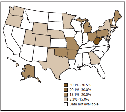 The figure is a U.S. map that presents the prevalence of smoking among women during pregnancy from 27 selected sites in 2010.