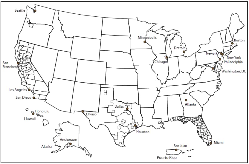 The figure is a map of the United States that indicates the location of quarantine stations and Electronic Disease Notification system jurisdictions.