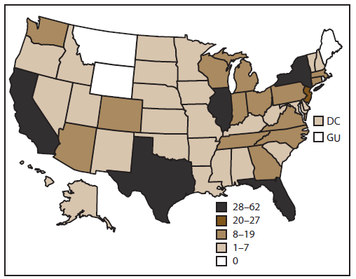 The figure shows a map of the United States indicating states with clinics that used assisted reproductive technology in 2010. Of 474 ART clinics in the United States, 443 submitted data.