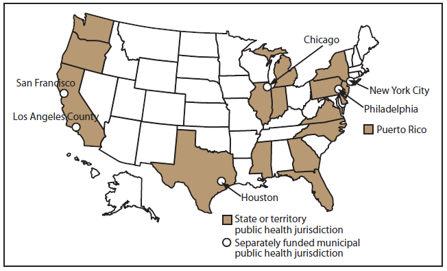 This figure shows a map of the United States with the areas funded to collect data for the 2009 cycle. A total of 23 areas were funded: California (including the separately funded jurisdictions of Los Angeles County and San Francisco), Delaware, Florida, Georgia, Illinois (including Chicago), Indiana, Michigan, Mississippi, New Jersey, New York (including New York City), North Carolina, Oregon, Pennsylvania (including Philadelphia), Puerto Rico, Texas (including Houston), Virginia, and Washington.