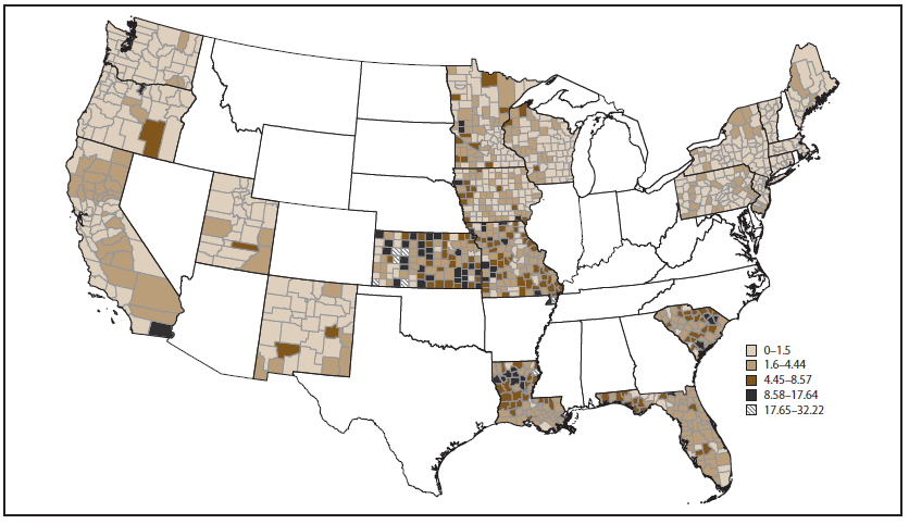 The figure shows a map of the United States indicating the average crude rate of heat stress illness hospitalizations per 100,000 population, by county, for 20 states that participated in the Environmental Public Health Tracking Network during 2001-2010.