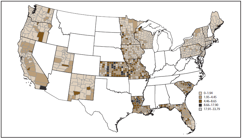 The figure shows a map of the United States indicating the average age-adjusted rate of heat stress illness hospitalizations per 100,000 population, by county, for 20 states that participated in the Environmental Public Health Tracking Network during 2001-2010.