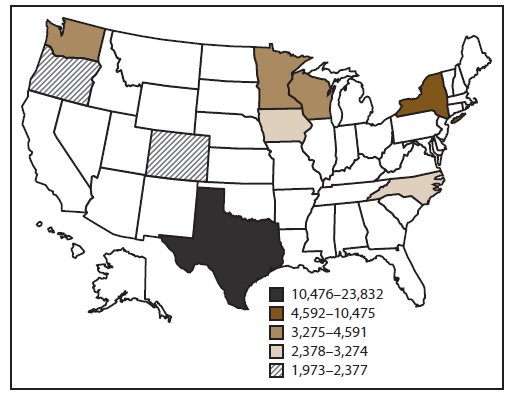 The figure is a map of the United States that shows the distribution of the 57,975 acute chemical incidents that were reported in the nine states (Iowa, Minnesota, New York, North Carolina, Oregon, Texas, Washington, and Wisconsin) that participated in the Hazardous Substances Emergency Events Surveillance system during 1999-2008.