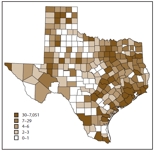 The figure is a map of the state of Texas that shows the distribution by quintile and county of the acute chemical incidents that were reported to the Hazardous Substances Emergency Events Surveillance system in the state during 1999-2008. This figure should be read in conjunction with Figure 5 showing the number of pounds of chemicals onsite by quintile and county for 2003. A strong correlation was found between the number of incidents in a county and the amount of chemicals stored or used in the county, as shown in Figure 5.